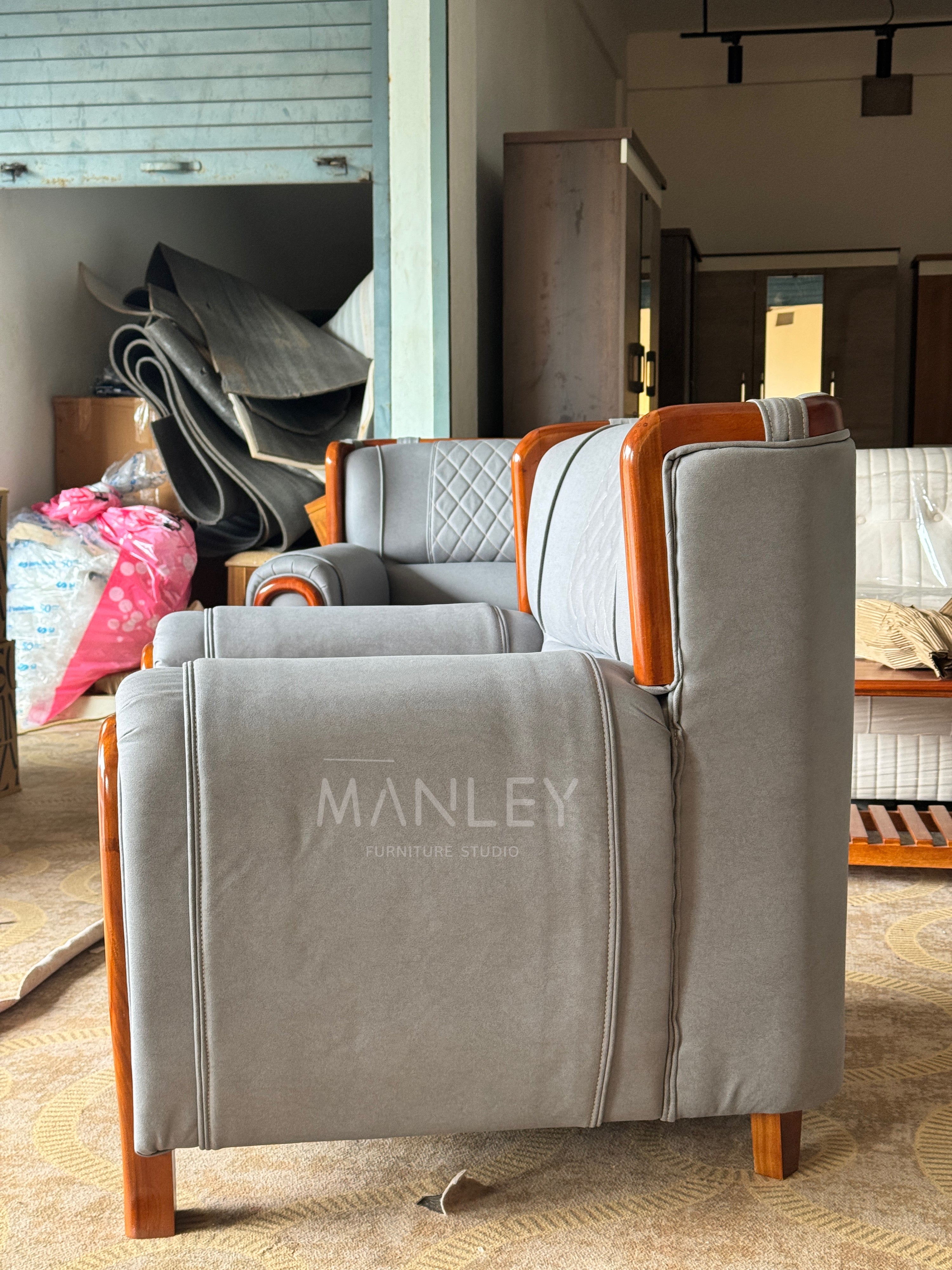 EMBER ARMCHAIR | MAHOGANY WOOD & SUEDE FABRIC | GREY
