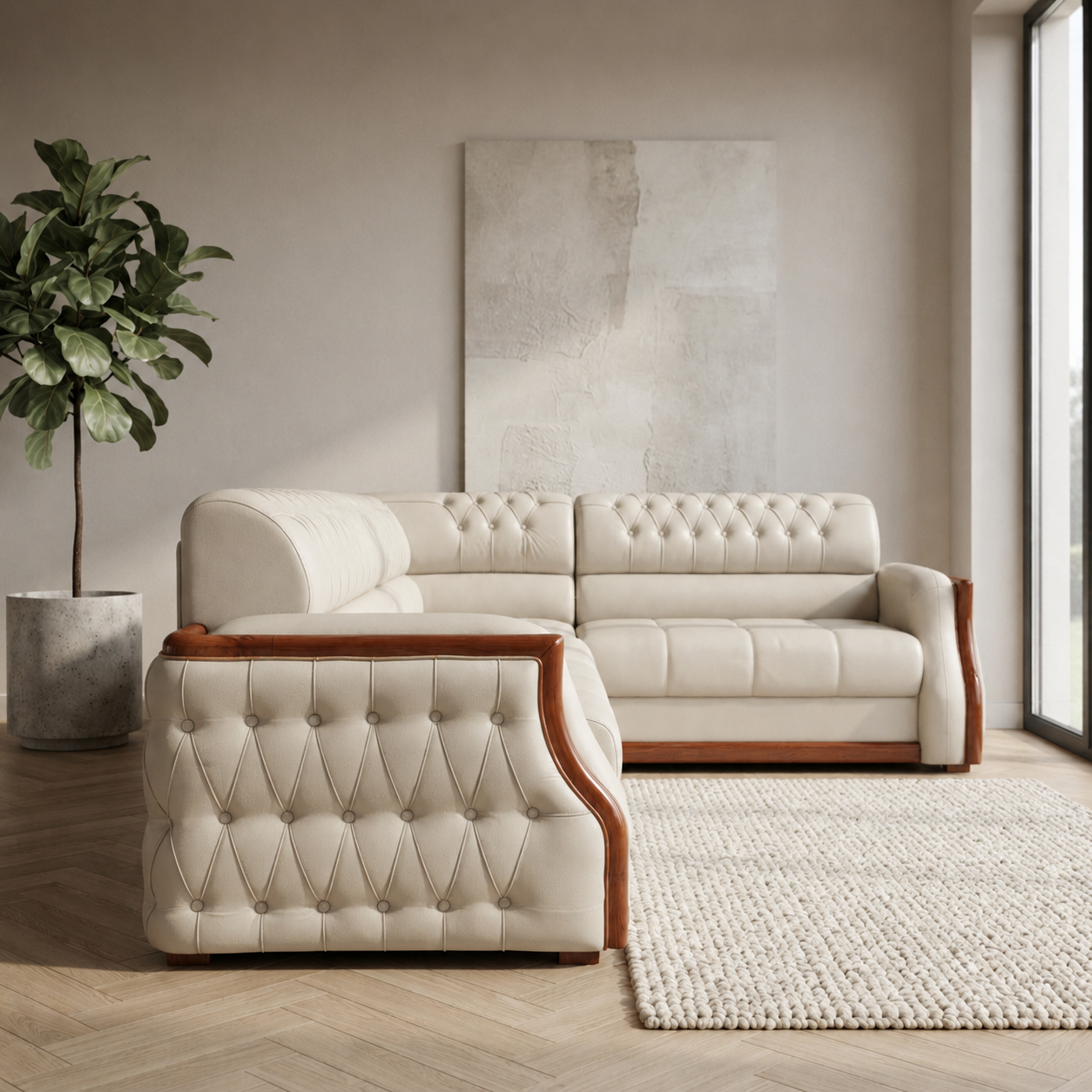 FALCON CORNER SOFA SET | MAHOGANY WOOD & FABRIC UPHOLSTERY