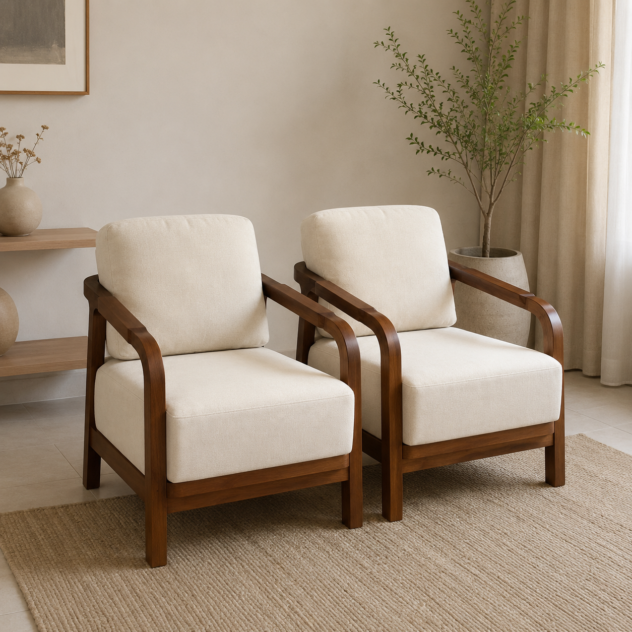 Riyon Solid Wood Sofa Set – Off White | Premium Living Room Furniture