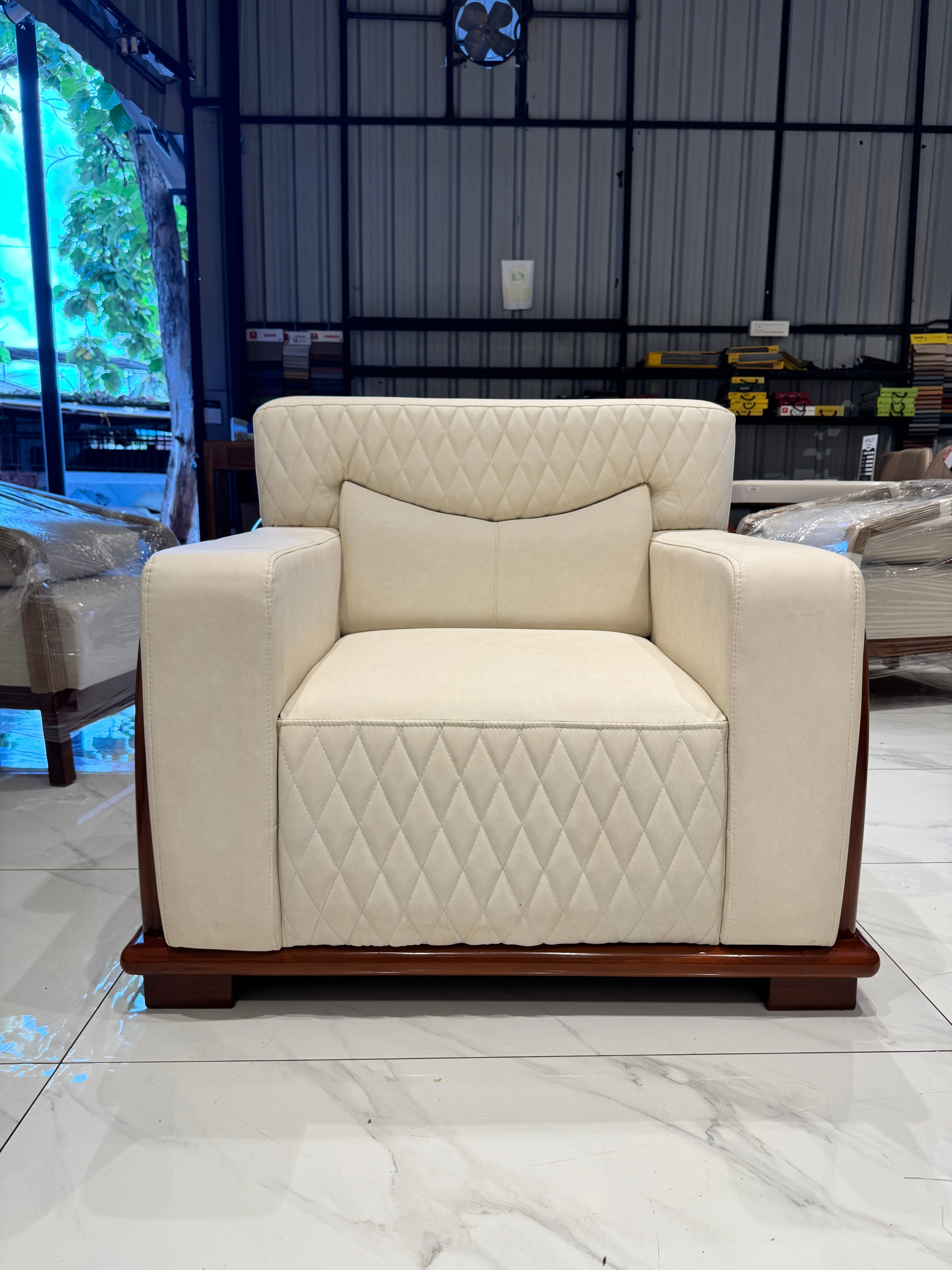 ROYALIST 3+1+1 SOFA SET | FABRIC & MAHOGANY FRAME | OFF WHITE