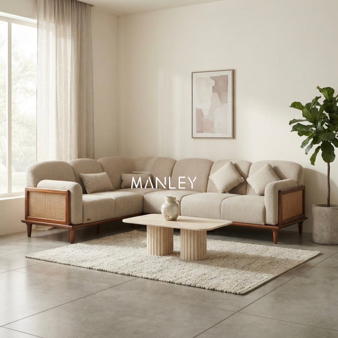 CANE SOFT CORNER SOFA SET | MAHOGANY WOOD & NATURAL CANE | CREAM