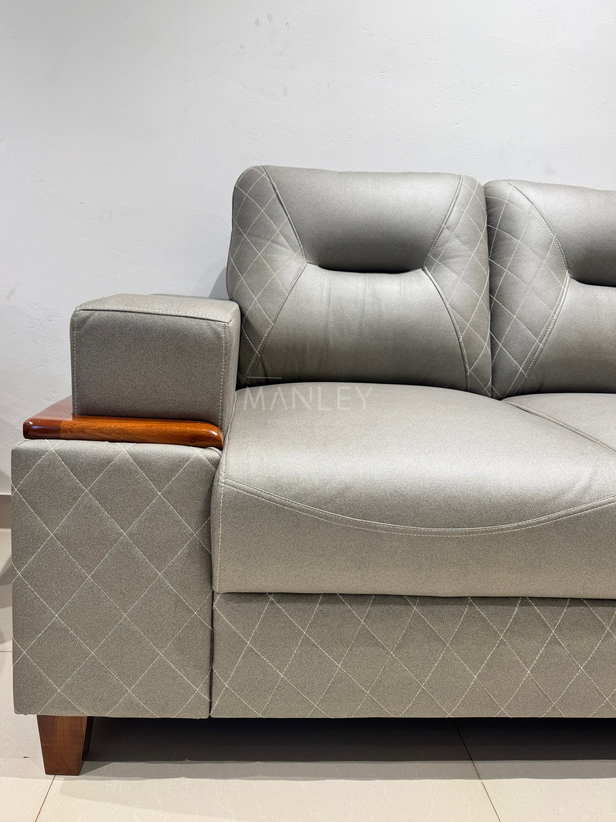 CREST CORNER SOFA SET | MAHOGANY WOOD & SUEDE FABRIC UPHOLSTERY