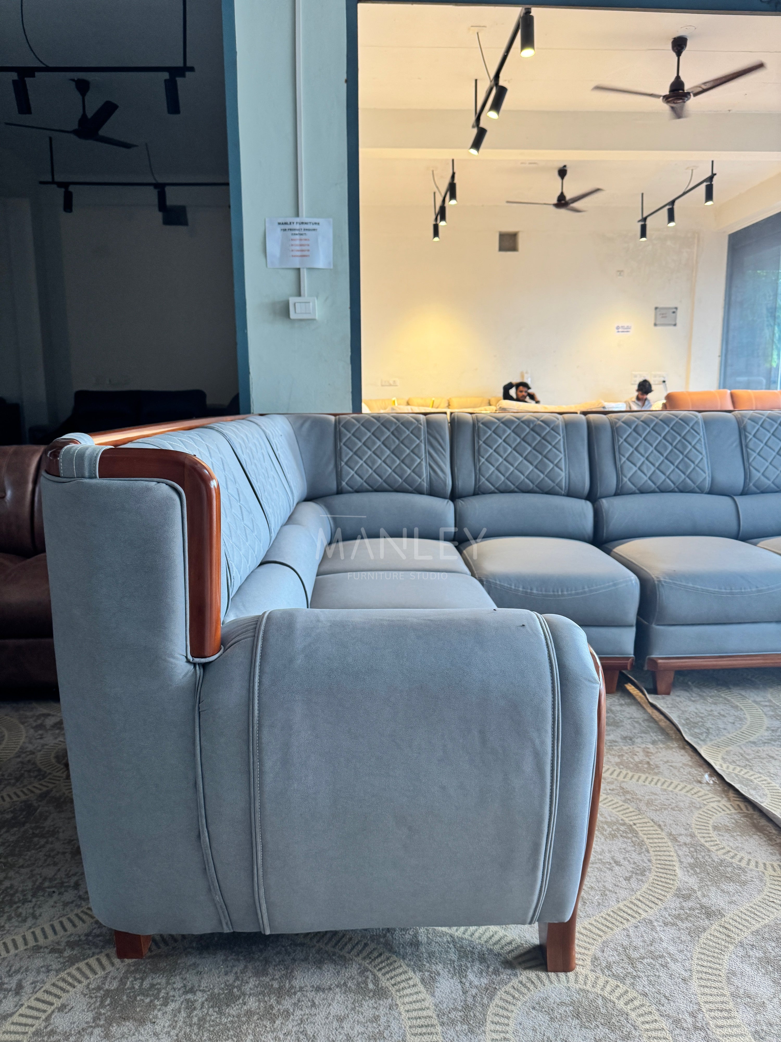SERENITY CORNER SOFA SET | MAHOGANY WOOD & SUEDE FABRIC UPHOLSTERY | GREY