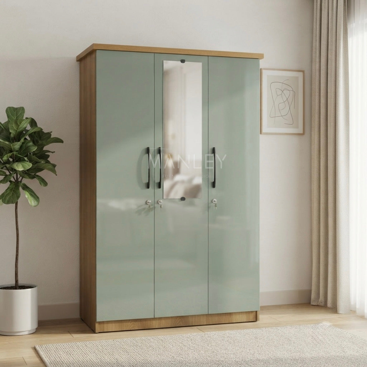 RILON 3-DOOR WARDROBE | PARTICLE BOARD & UV BOARD DOORS | GREEN