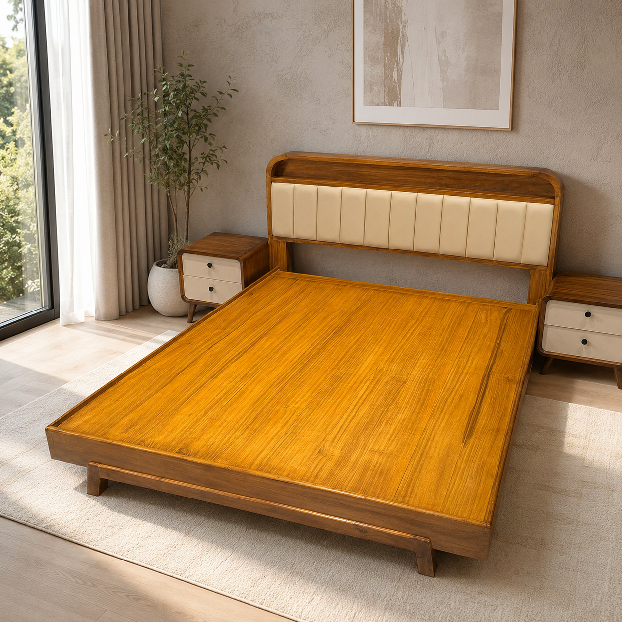 WOOD COT - QUEEN  SIZE FOREST ACACIA WITH CUSSION HEADBOARD