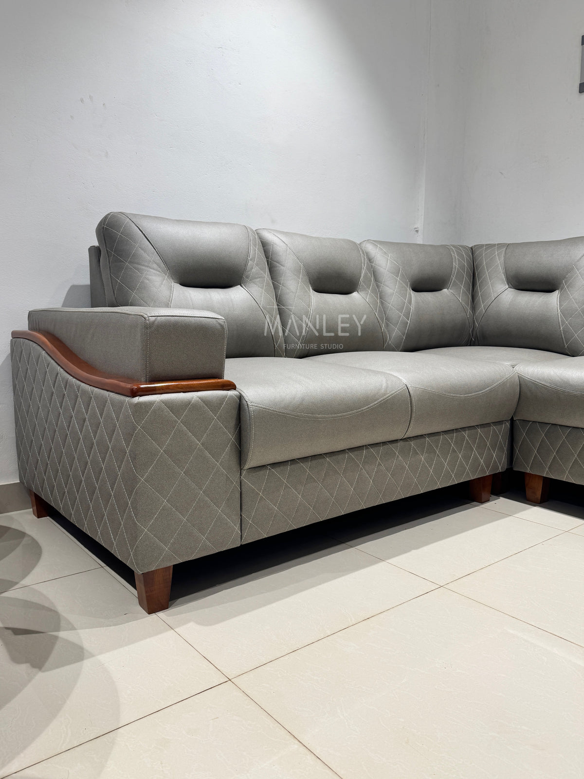 CREST CORNER SOFA SET | MAHOGANY WOOD & SUEDE FABRIC UPHOLSTERY