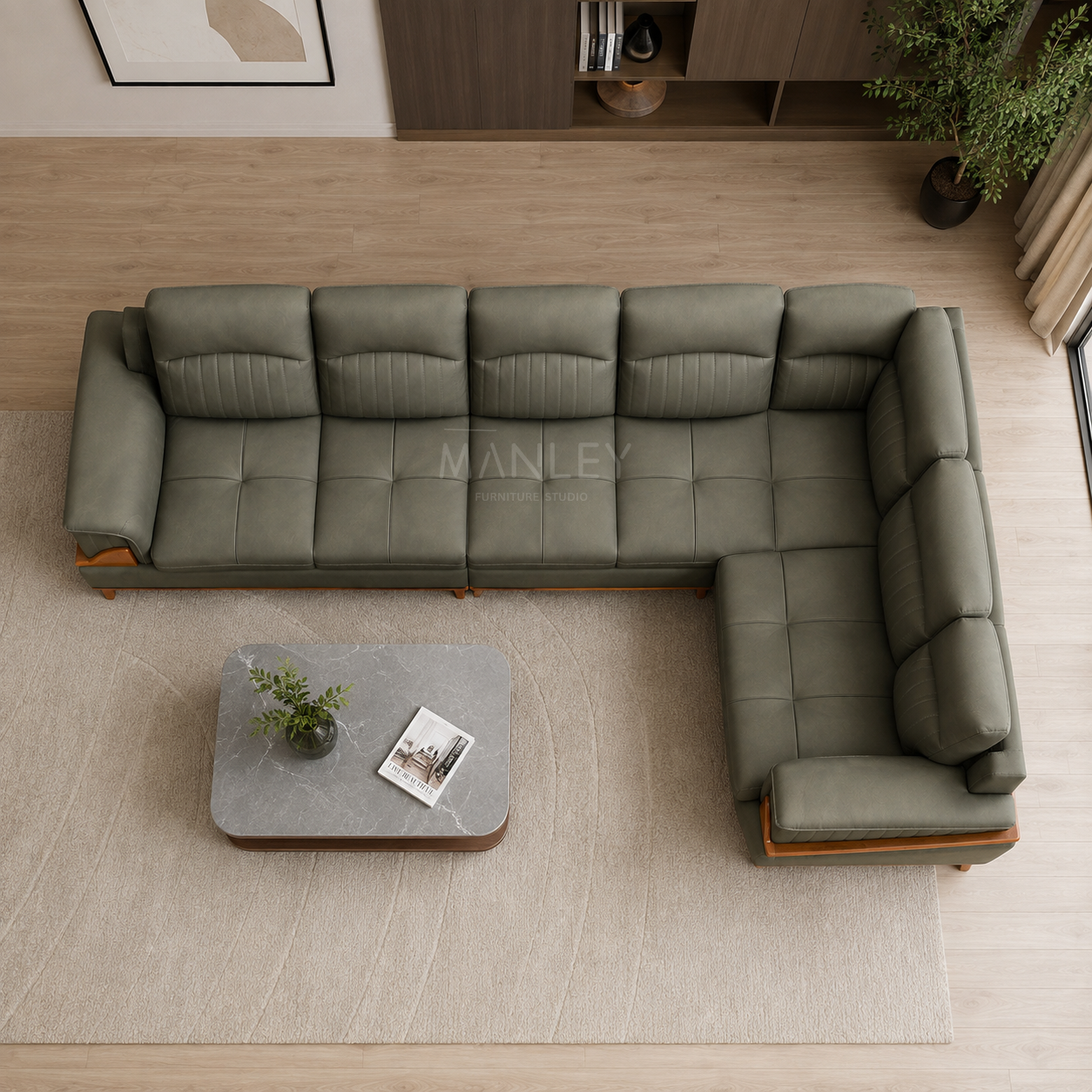 ASPEN CORNER SOFA SET | MAHOGANY WOOD & SUEDE FABRIC UPHOLSTERY | GREEN