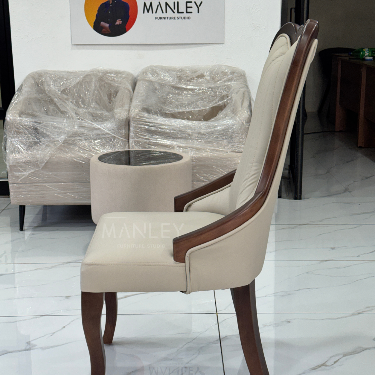WINDSOR CHAIR | MAHOGANY WOOD & SUEDE FABRIC | ASH GREY COLOUR