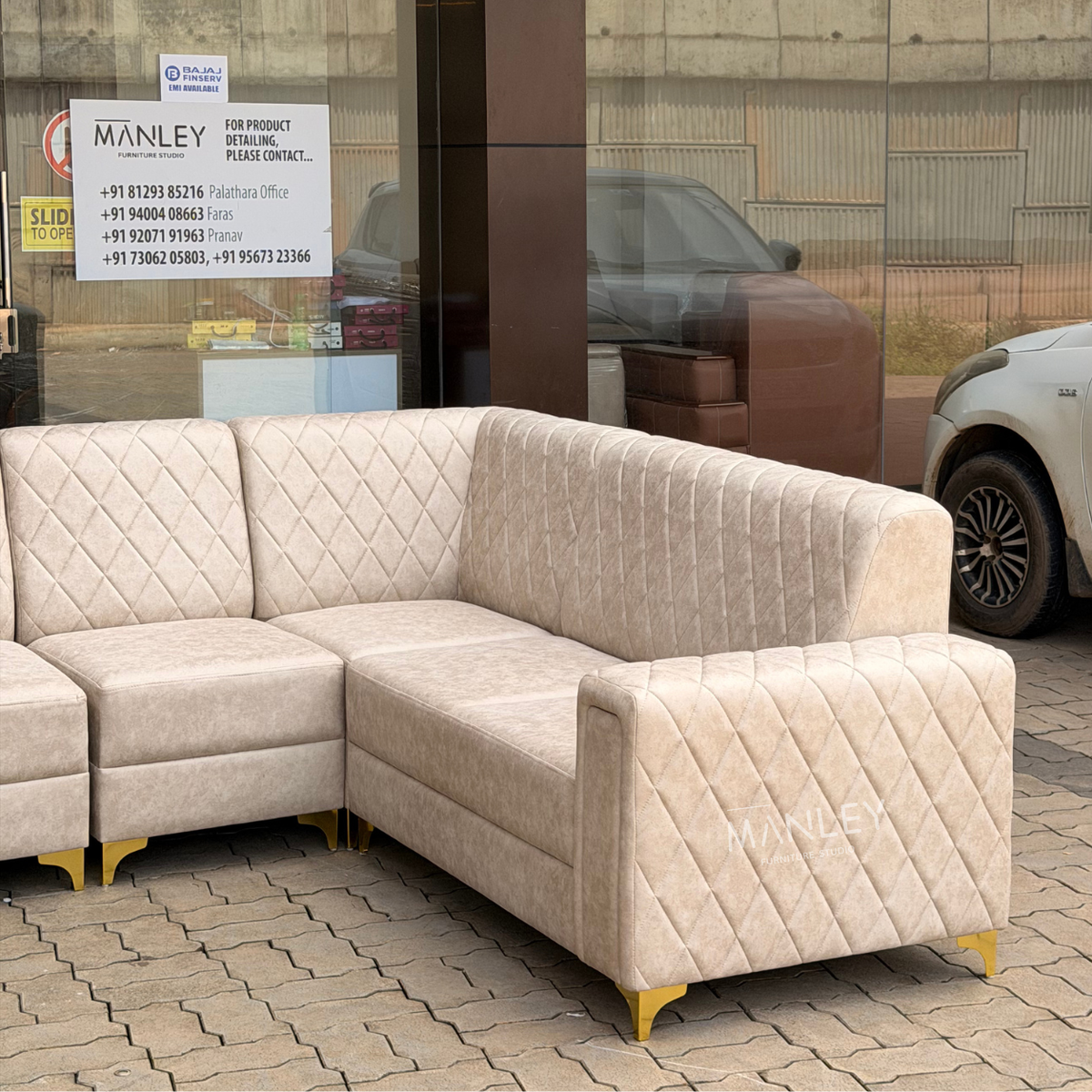 CROWN CORNER SOFA SET | SUEDE FABRIC & METAL LEGS | BEIGE COLOUR