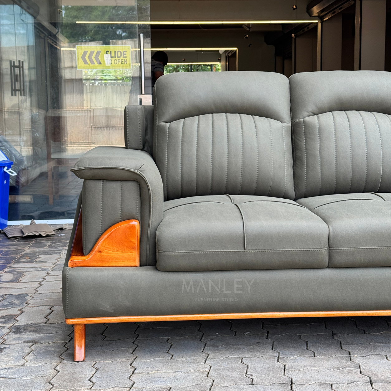 ASPEN CORNER SOFA SET | MAHOGANY WOOD & SUEDE FABRIC UPHOLSTERY | GREEN