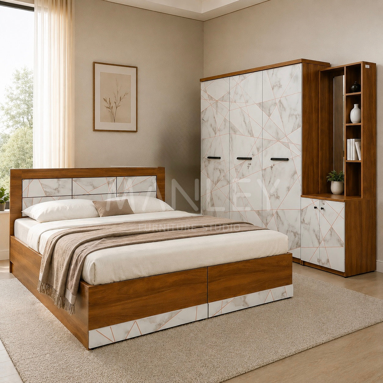 METOAIR 3-DOOR QUEEN SIZE BEDROOM SET | PARTICLE BOARD | WHITE COLOUR