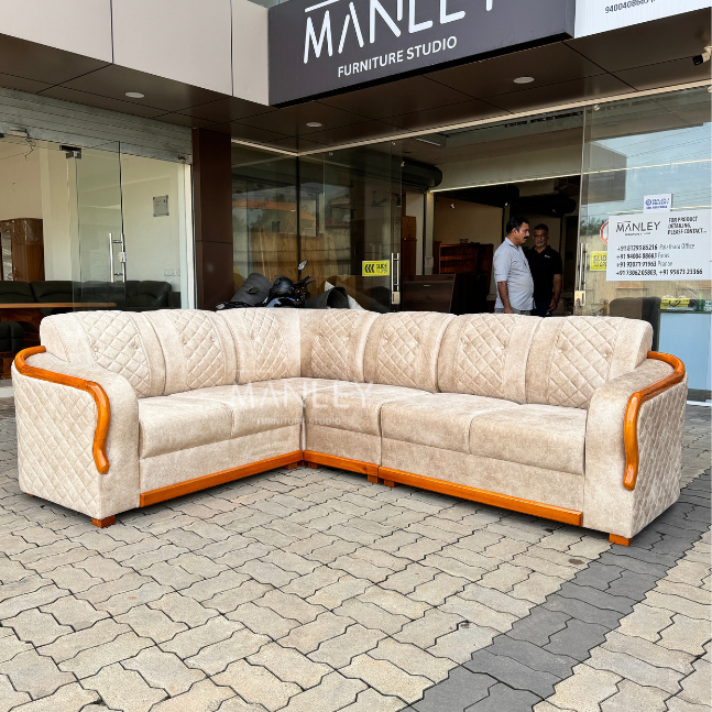 LOREN CORNER SOFA SET | MAHOGANY WOOD & SUEDE FABRIC UPHOLSTERY