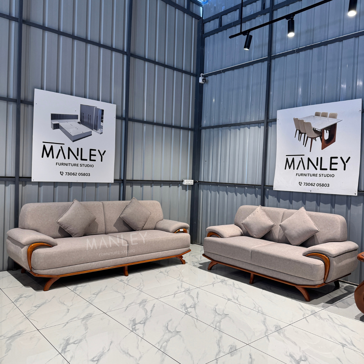 WINDSOR 3+2 SOFA SET | TREATED MAHOGANY WOOD & SUEDE FABRIC
