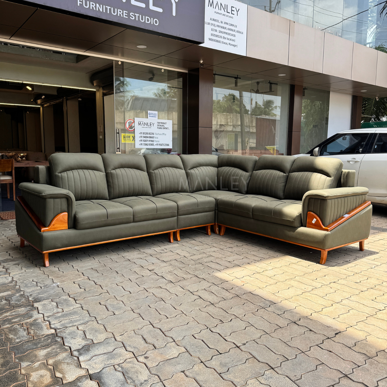 ASPEN CORNER SOFA SET | MAHOGANY WOOD & SUEDE FABRIC UPHOLSTERY | GREEN