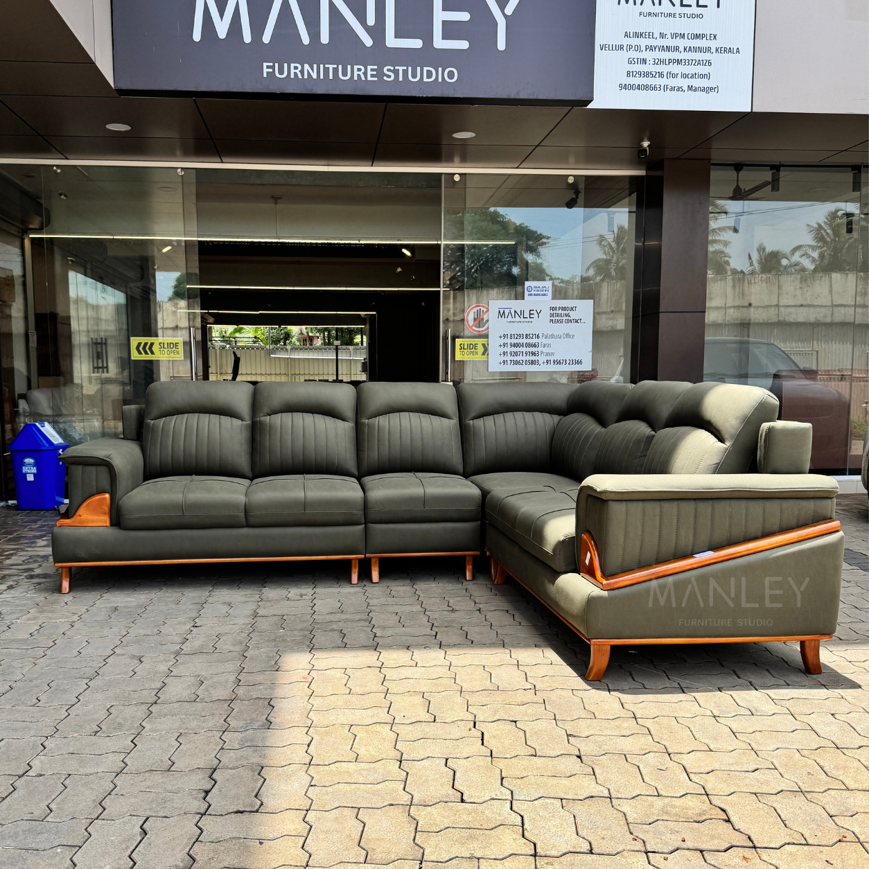 ASPEN CORNER SOFA SET | MAHOGANY WOOD & SUEDE FABRIC UPHOLSTERY | GREEN