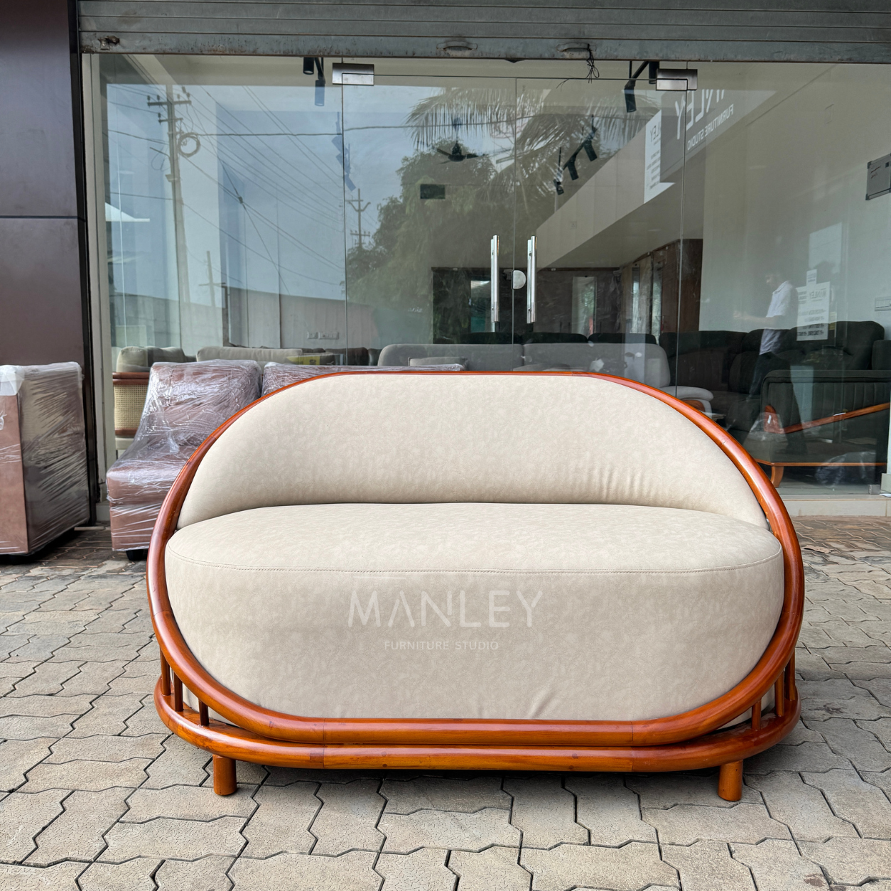 POSHEN 3+2+1+1 SOFA SET | MAHOGANY WOOD & SUEDE FABRIC UPHOLSTERY