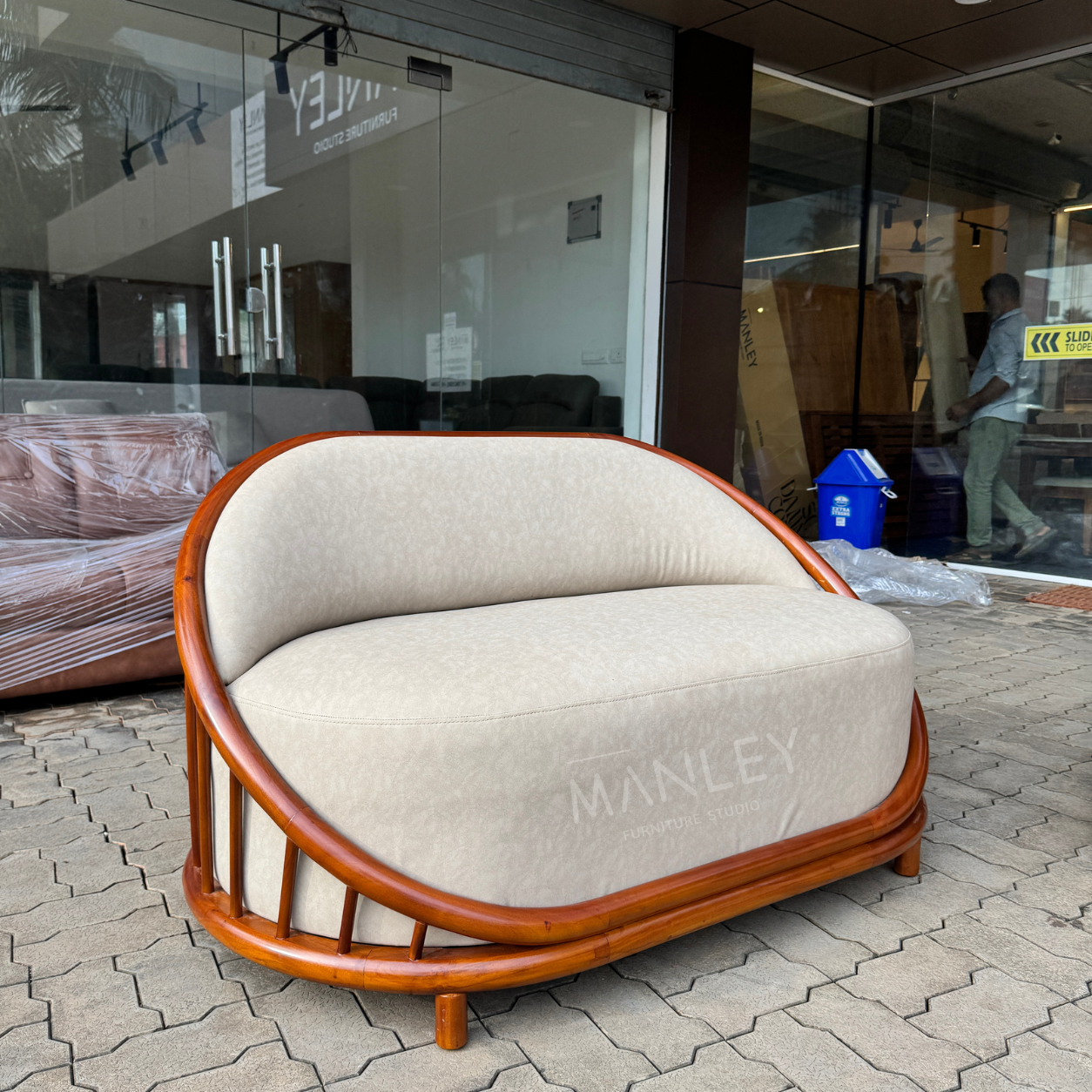LAVEN 2-SEATER SOFA | MAHOGANY WOOD & SUEDE FABRIC UPHOLSTERY | BEIGE