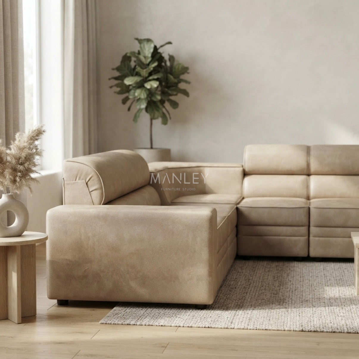 MONACO CORNER SOFA SET | ACACIA WOOD & SUEDE FABRIC UPHOLSTERY | BEIGE