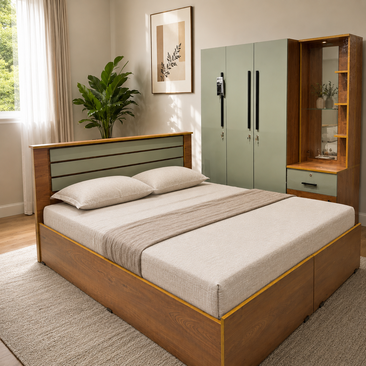 Yenora Bedroom Set – Premium Particle Board | Green & Dark Brown | 18-Month Warranty