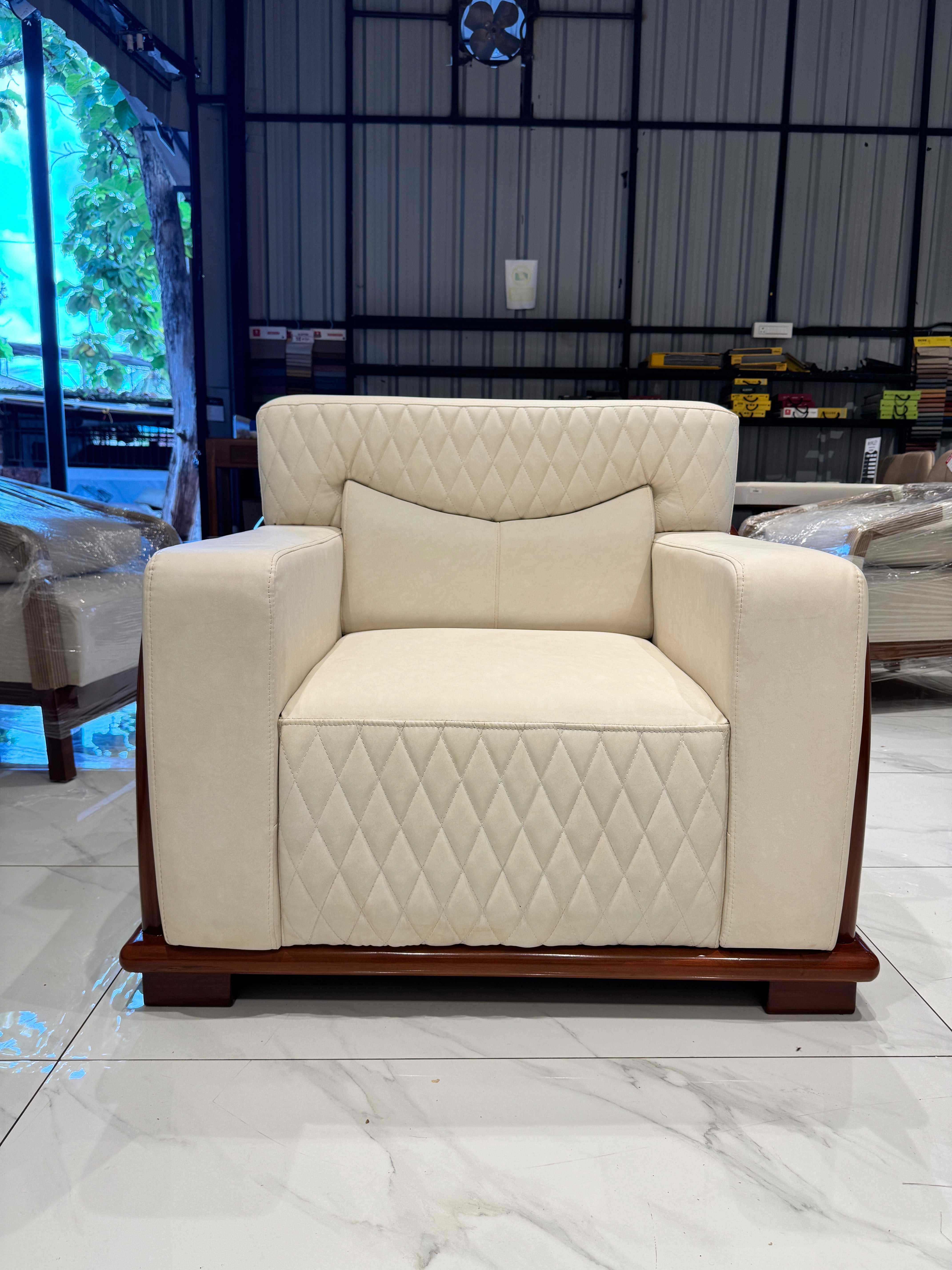 ROYALIST 3+1+1 SOFA SET | FABRIC & MAHOGANY FRAME | OFF WHITE