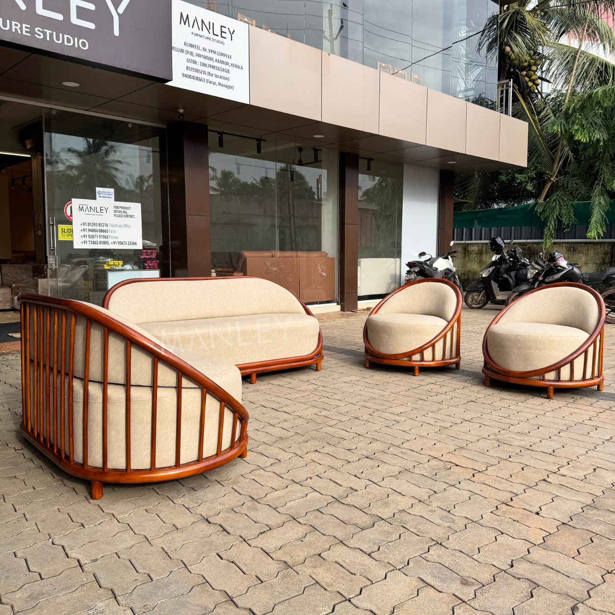 POSHEN 3+2+1+1 SOFA SET | MAHOGANY WOOD & SUEDE FABRIC UPHOLSTERY