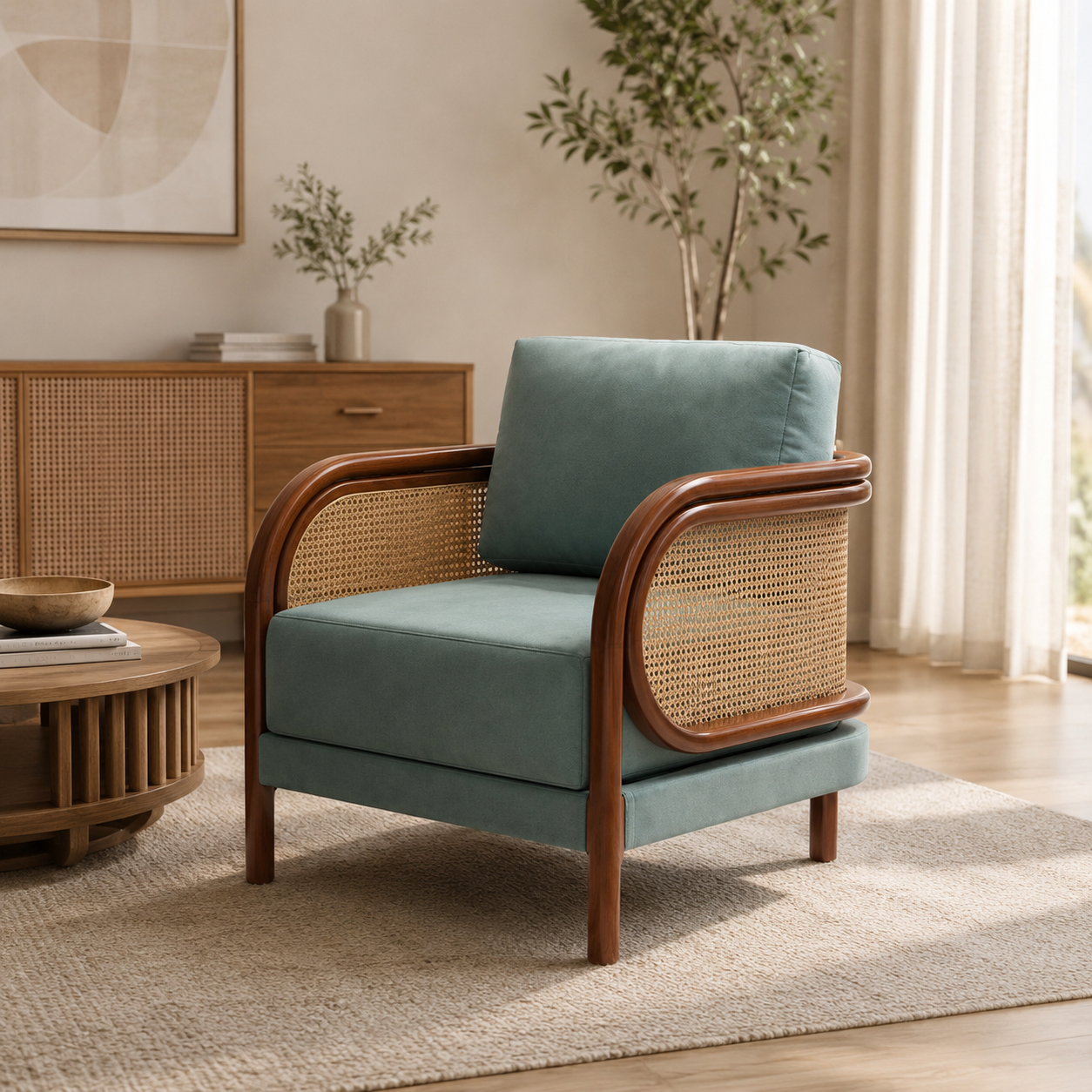 CANELIAN 3+1+1 SOFASET GREEN COLOUR | TREATED MAHAGONY WITH NATURAL CANE
