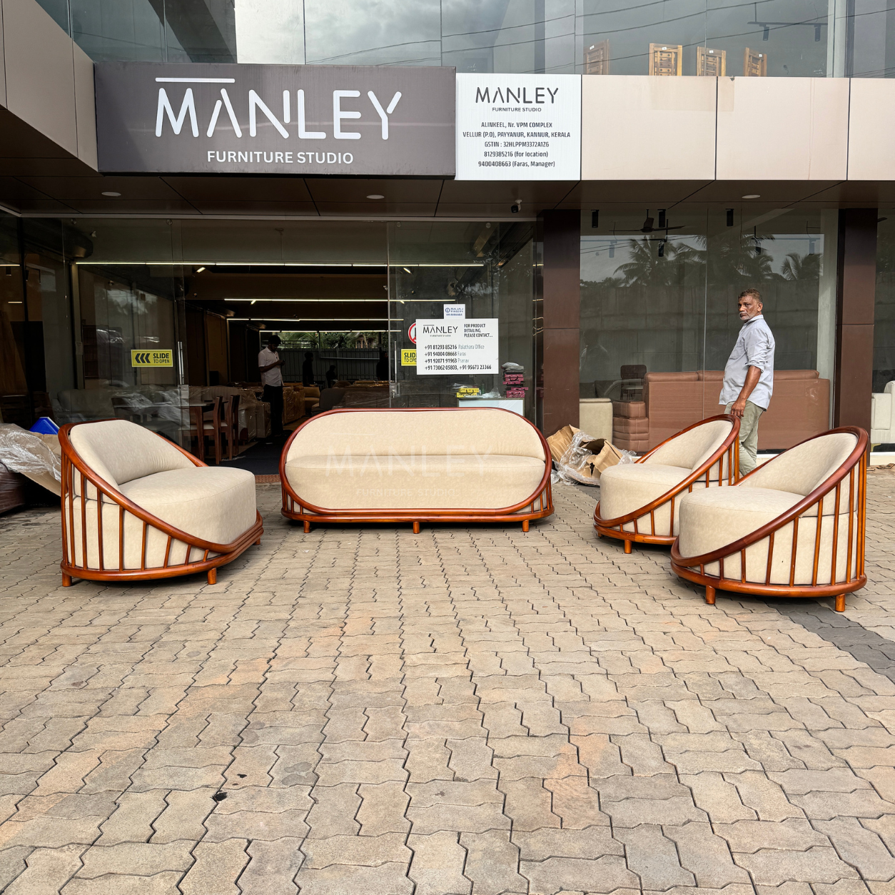 POSHEN 3+2+1+1 SOFA SET | MAHOGANY WOOD & SUEDE FABRIC UPHOLSTERY