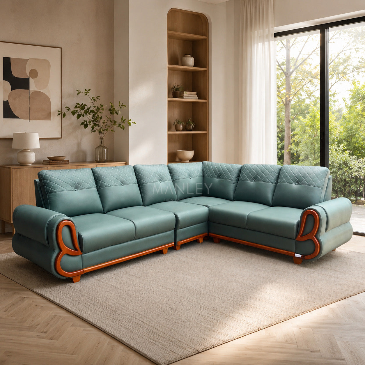 FORMA CORNER SOFA SET | MAHOGANY WOOD & SUEDE FABRIC UPHOLSTERY | GREEN