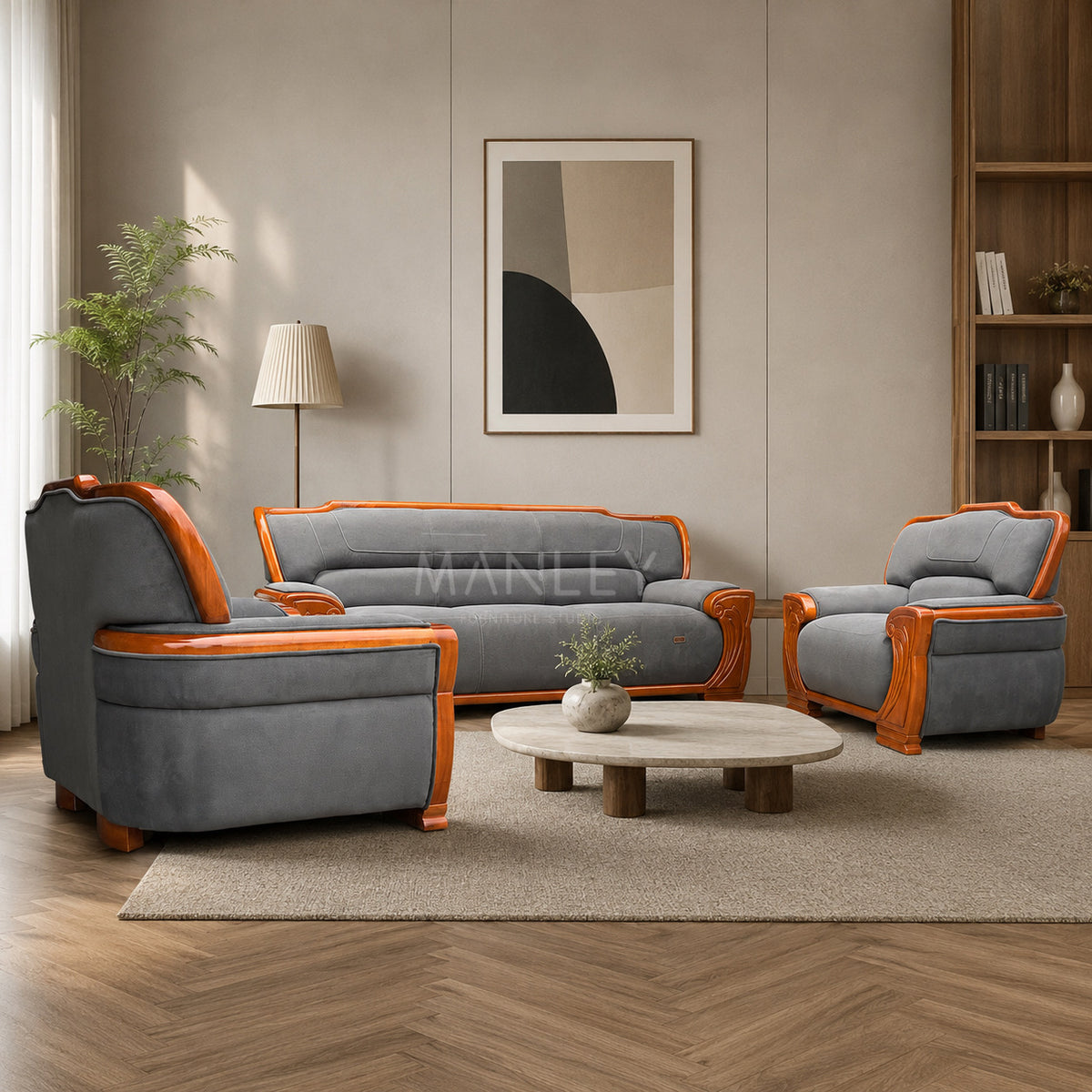 CHAISE 3+1+1 SOFA SET-TREATED MAHAGONY SUED FABRIC-GREY COLOUR