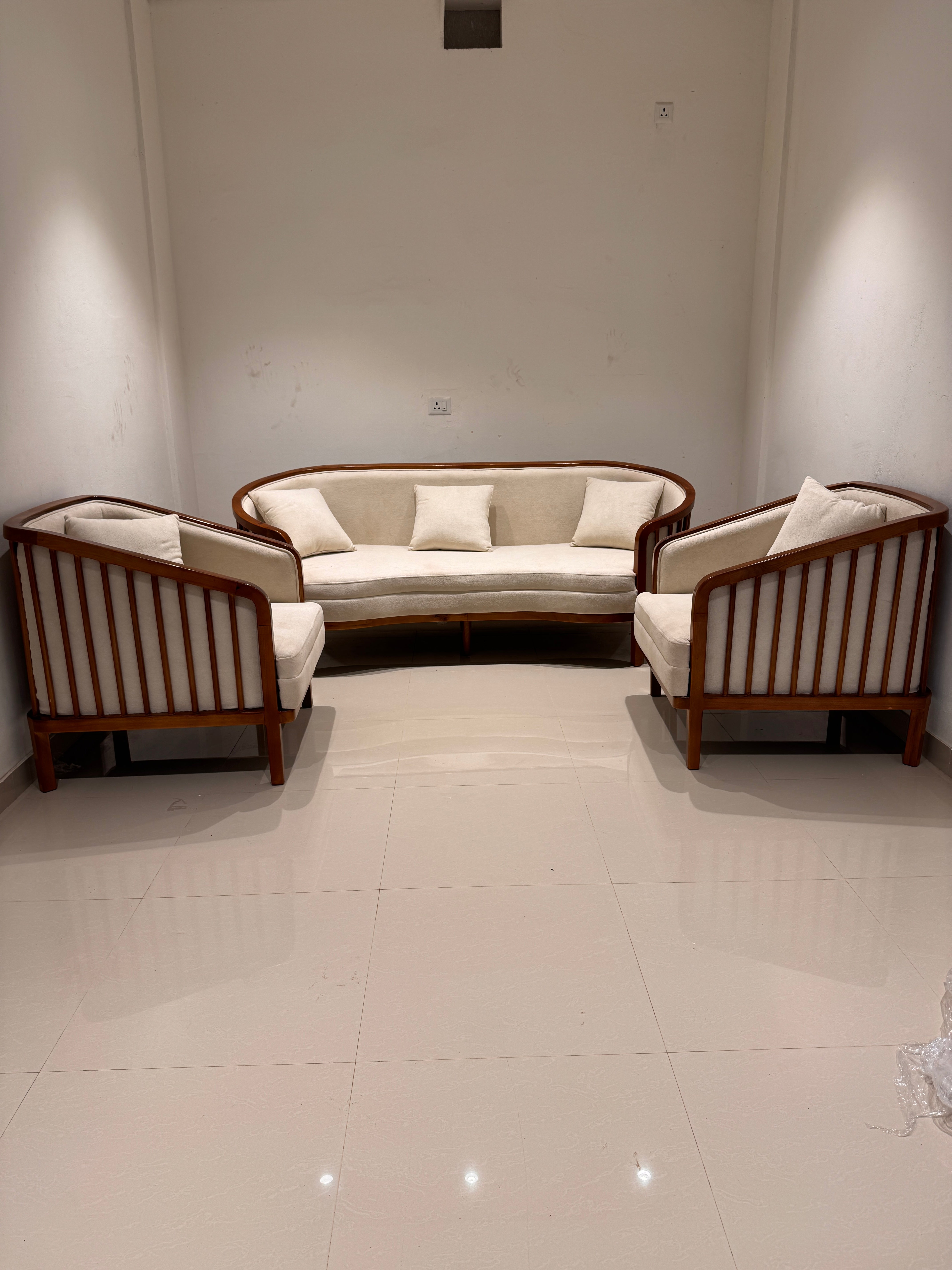 LIVORA 3+1+1 SOFASET  | TREATED MAHAGONY WOOD  & Fabric | CREAM COLOUR