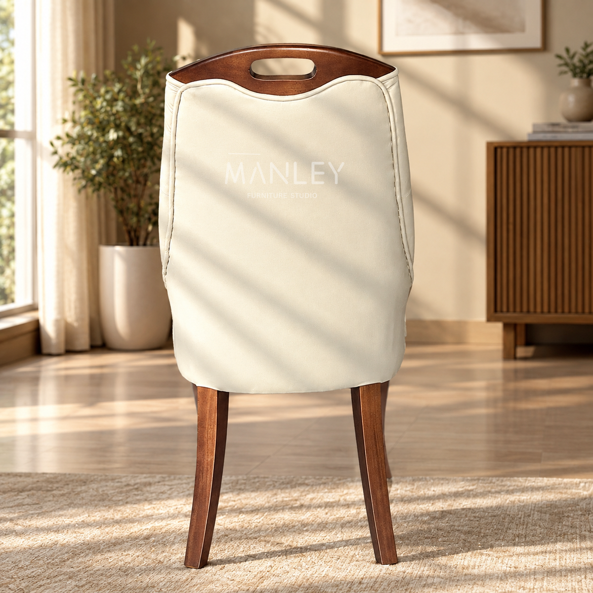 BARREL CHAIR | TREATED MAHOGANY WOOD & SUEDE FABRIC | BEIGE COLOUR