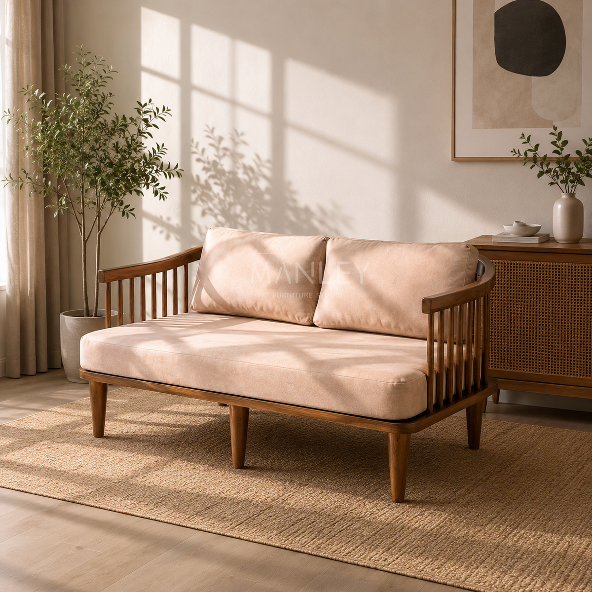 METRO 3-SEATER SOFA | SUEDE FABRIC & TEAK WOOD | BEIGE COLOUR