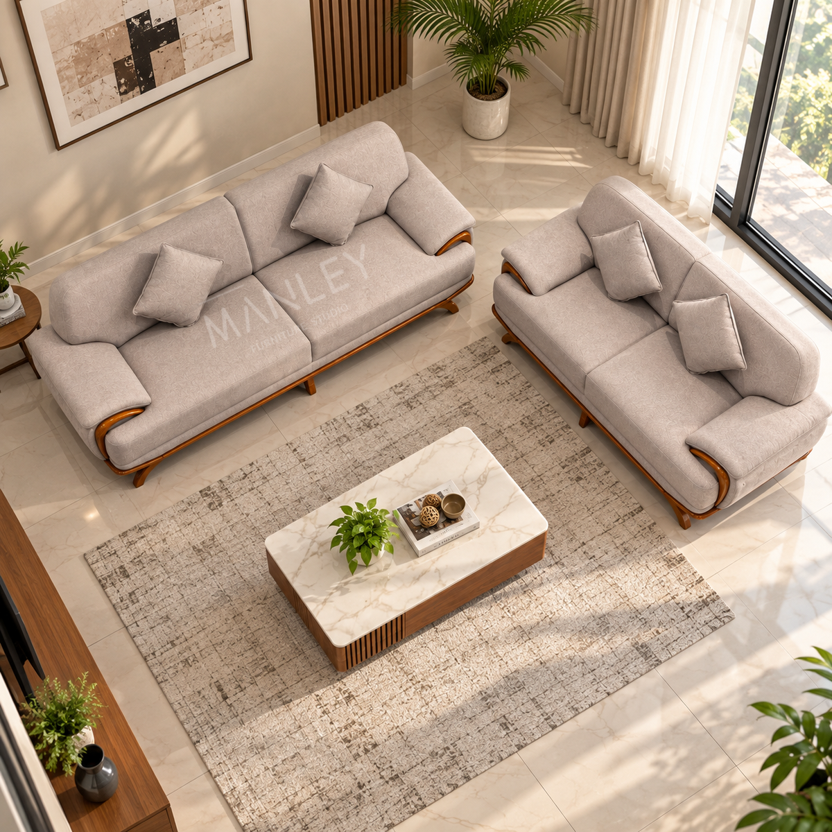 WINDSOR 3+2 SOFA SET | TREATED MAHOGANY WOOD & SUEDE FABRIC