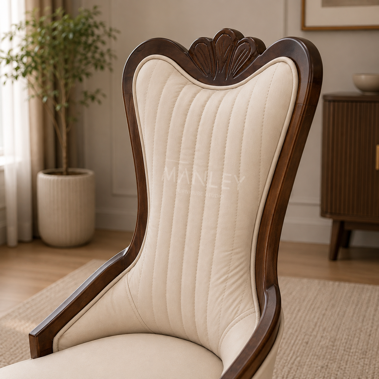 WINDSOR CHAIR | MAHOGANY WOOD & SUEDE FABRIC | ASH GREY COLOUR
