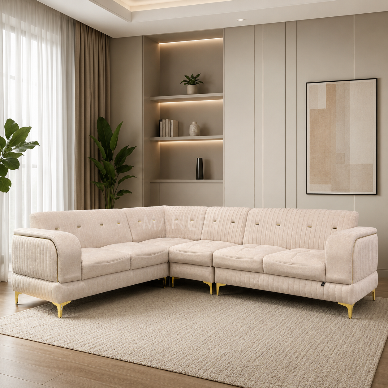 COZY CORNER SOFA SET | SUEDE FABRIC & METAL LEGS | BEIGE COLOUR
