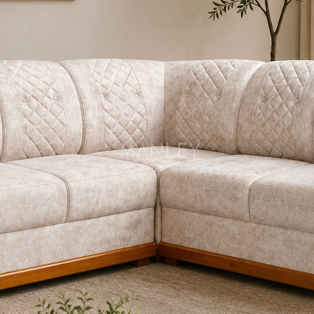 LOREN CORNER SOFA SET | MAHOGANY WOOD & SUEDE FABRIC UPHOLSTERY