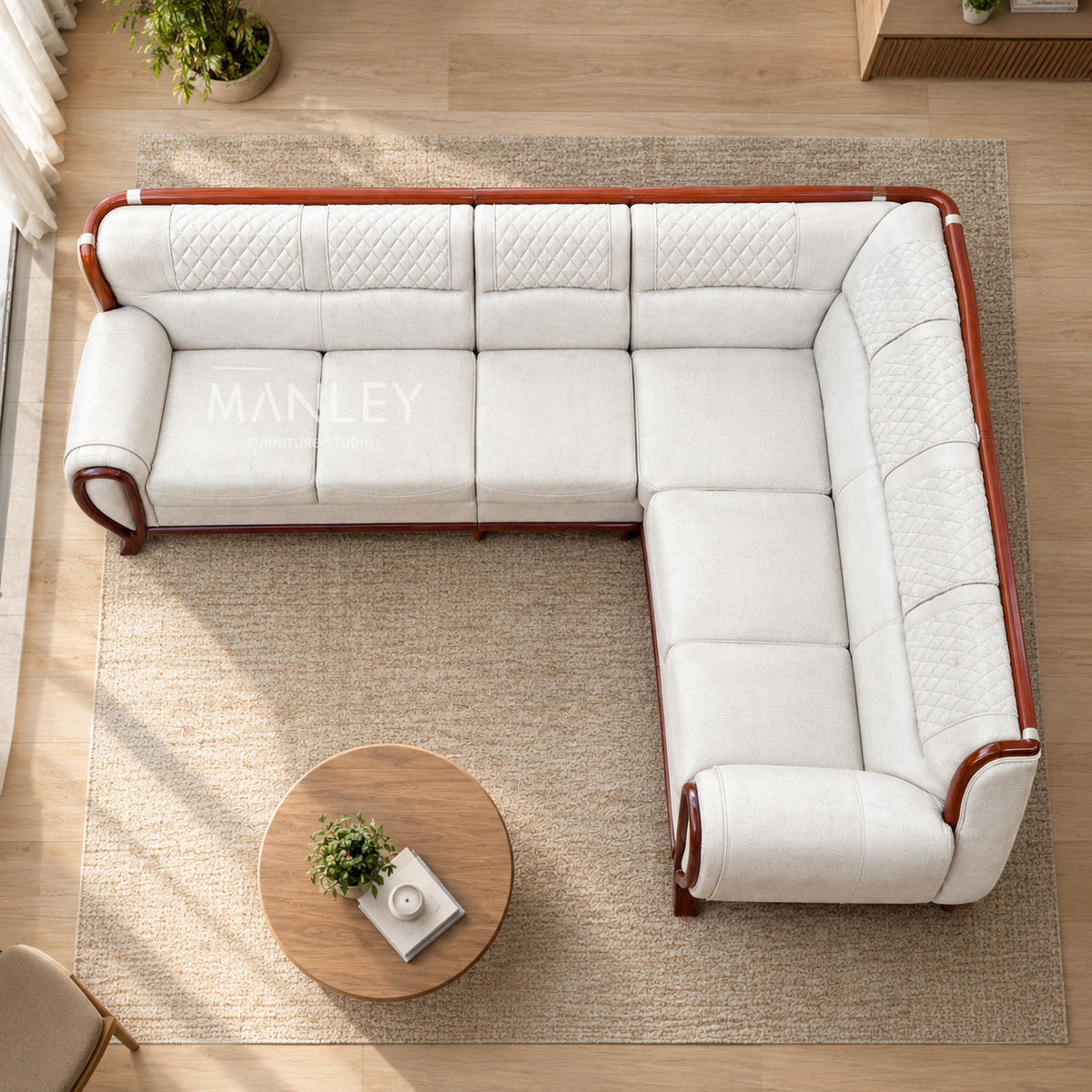 HILON CORNER SOFA SET | TREATED MAHOGANY WOOD & SUEDE FABRIC