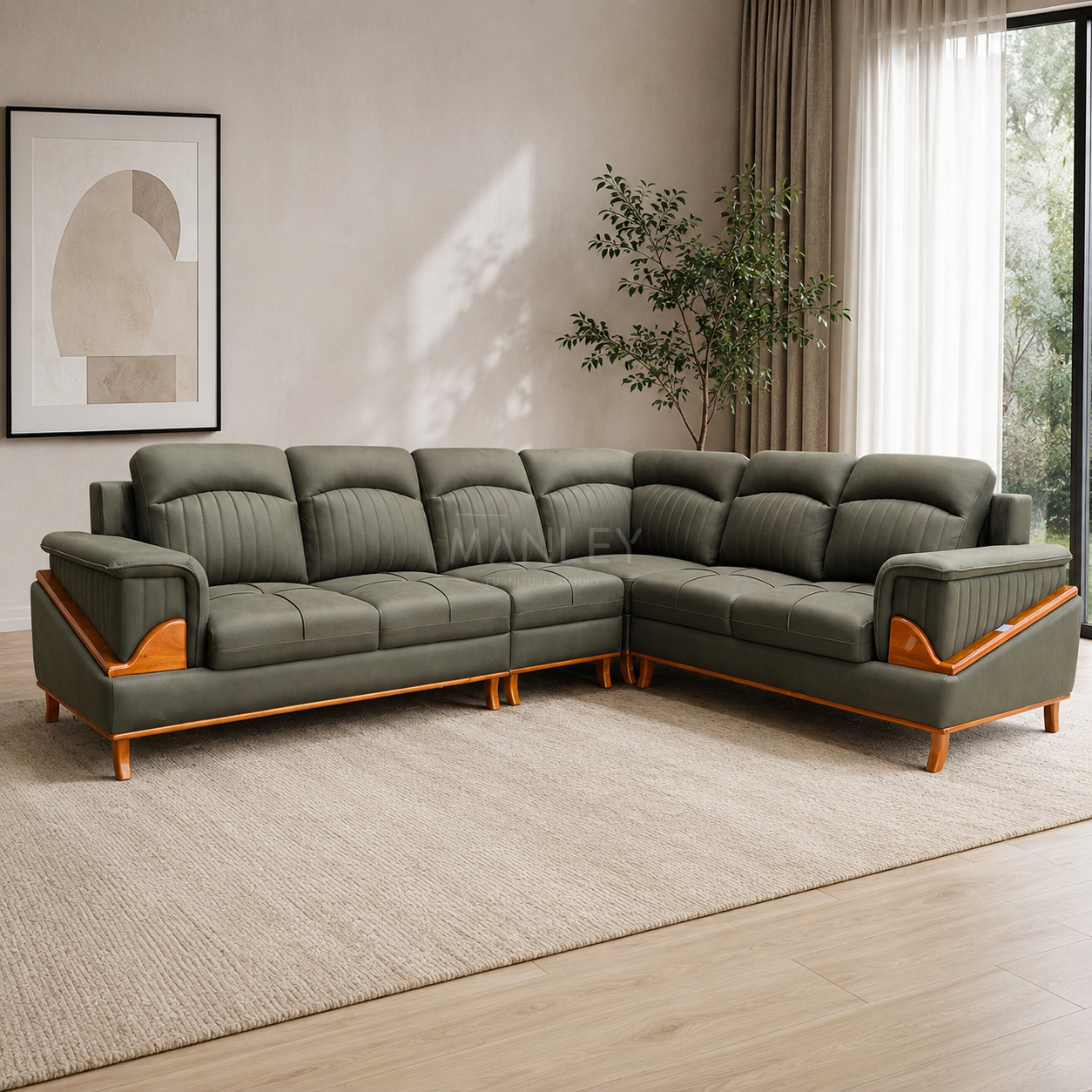 ASPEN CORNER SOFA SET | MAHOGANY WOOD & SUEDE FABRIC UPHOLSTERY | GREEN