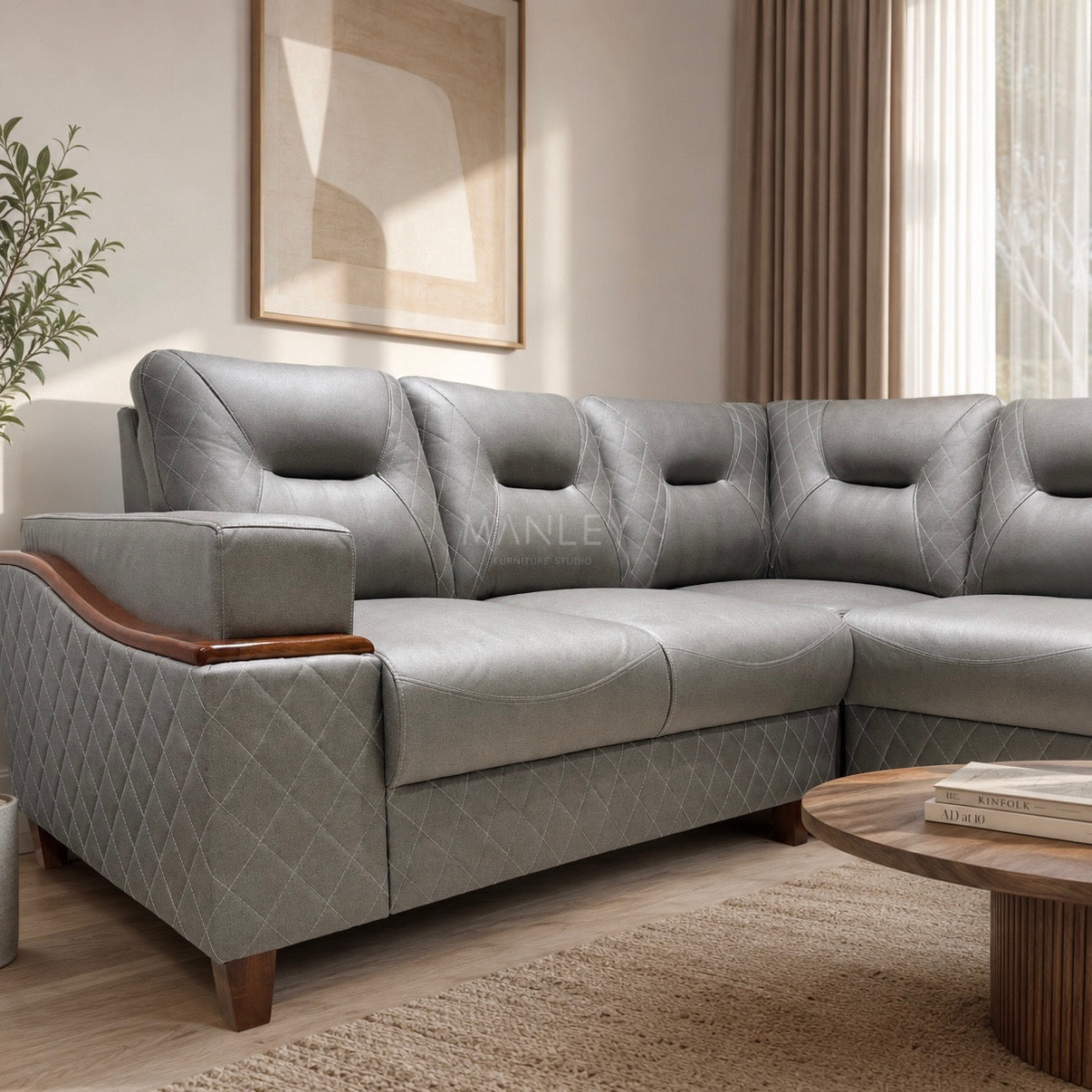 CREST CORNER SOFA SET | MAHOGANY WOOD & SUEDE FABRIC UPHOLSTERY