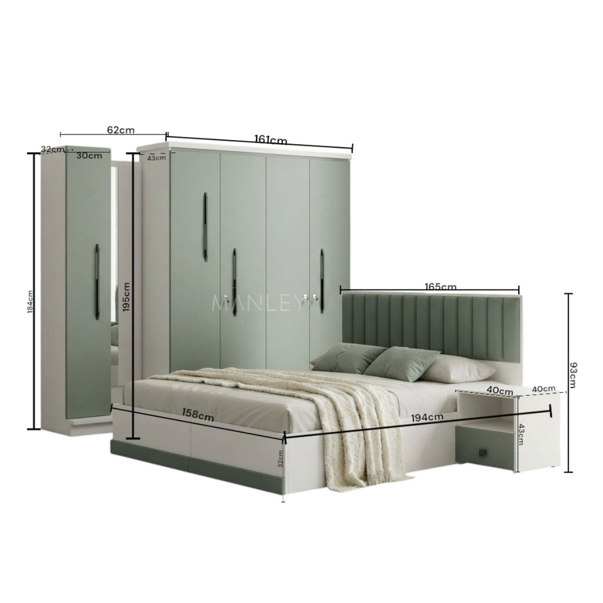 GREEK 4-DOOR QUEEN SIZE BEDROOM SET | PARTICLE BOARD | OLIVE GREEN & WHITE