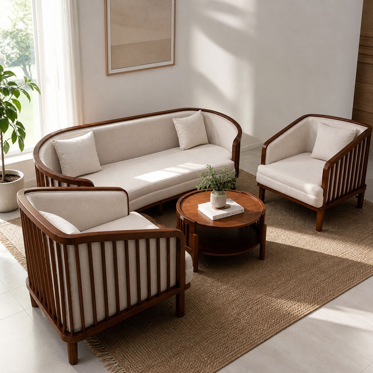 Livora Sofa Set | Solid Wood & Fabric | Cream