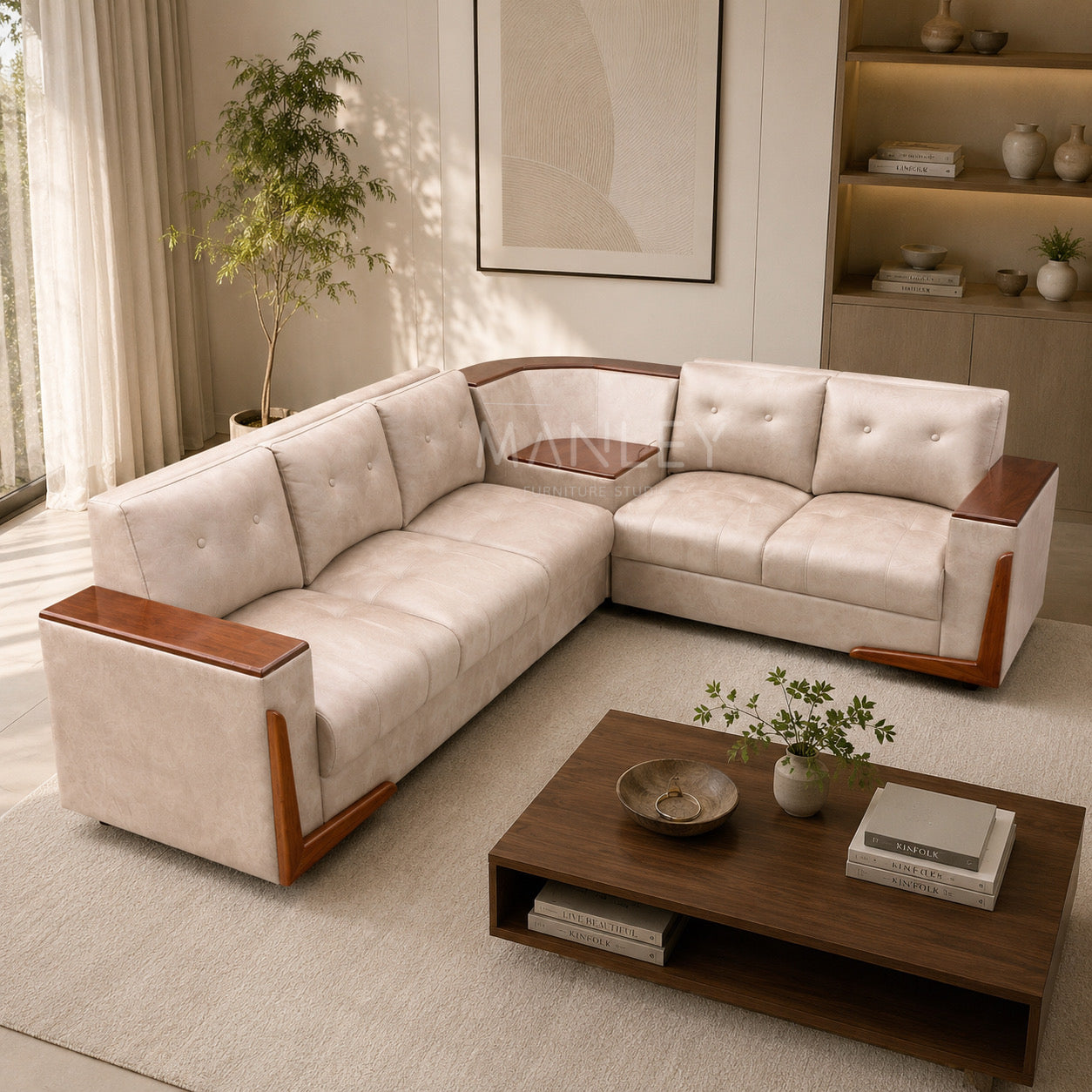 FLEX CORNER SOFA SET | MAHOGANY WOOD & SUEDE FABRIC UPHOLSTERY | BEIGE