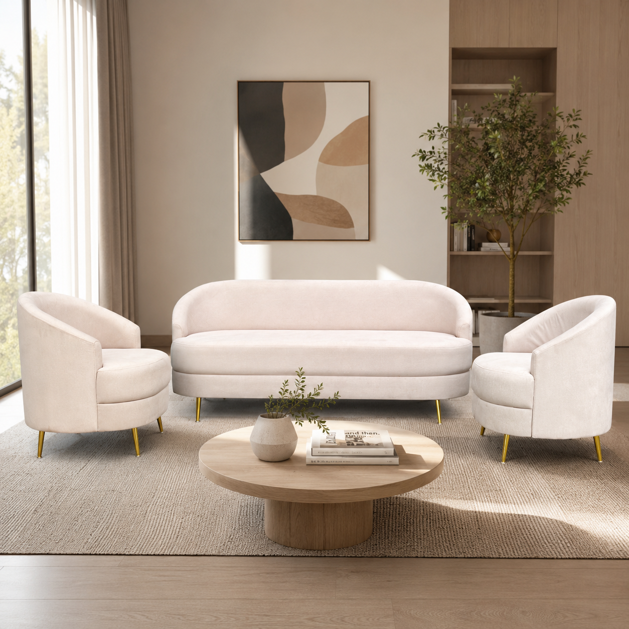 AYION PREMIUM ARM CHAIR SET 3+1+1- SUEDE FABRIC -IVORY COLOUR