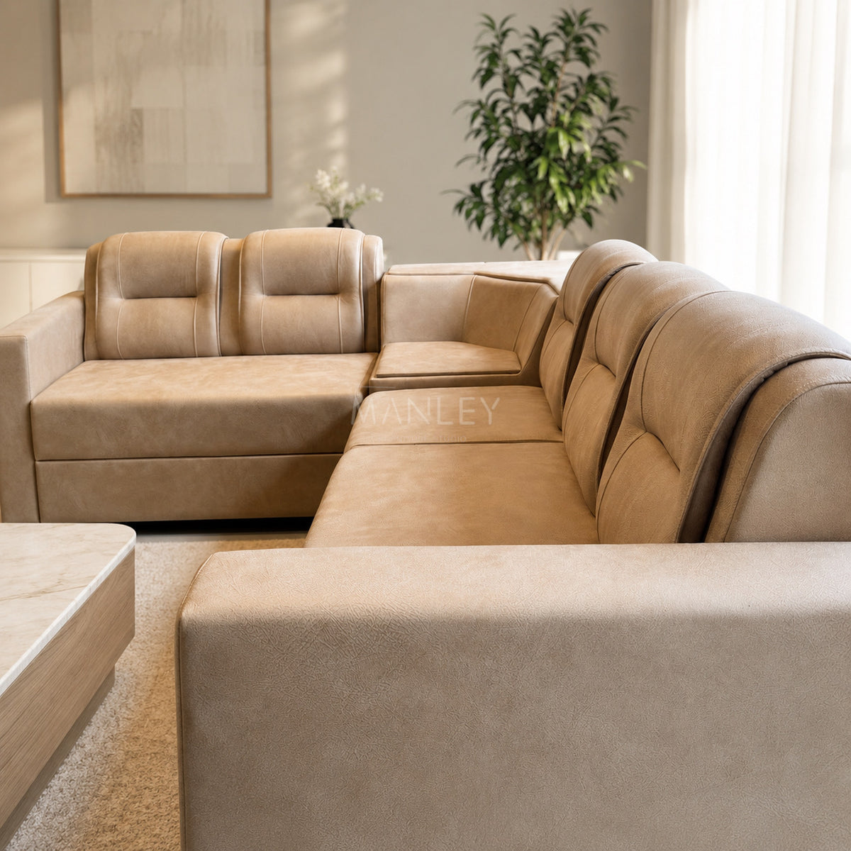 MILAN CORNER SOFA SET | ACACIA WOOD & SUEDE FABRIC UPHOLSTERY | BEIGE