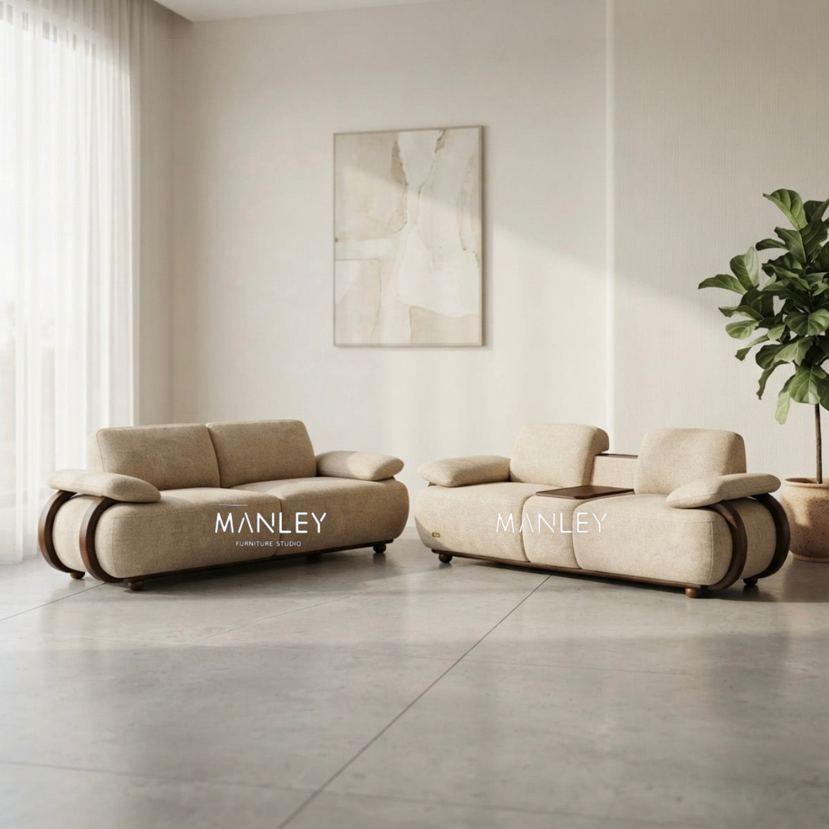 SLEEV 2+2 SOFA SET | MAHOGANY WOOD & FABRIC UPHOLSTERY | CREAM