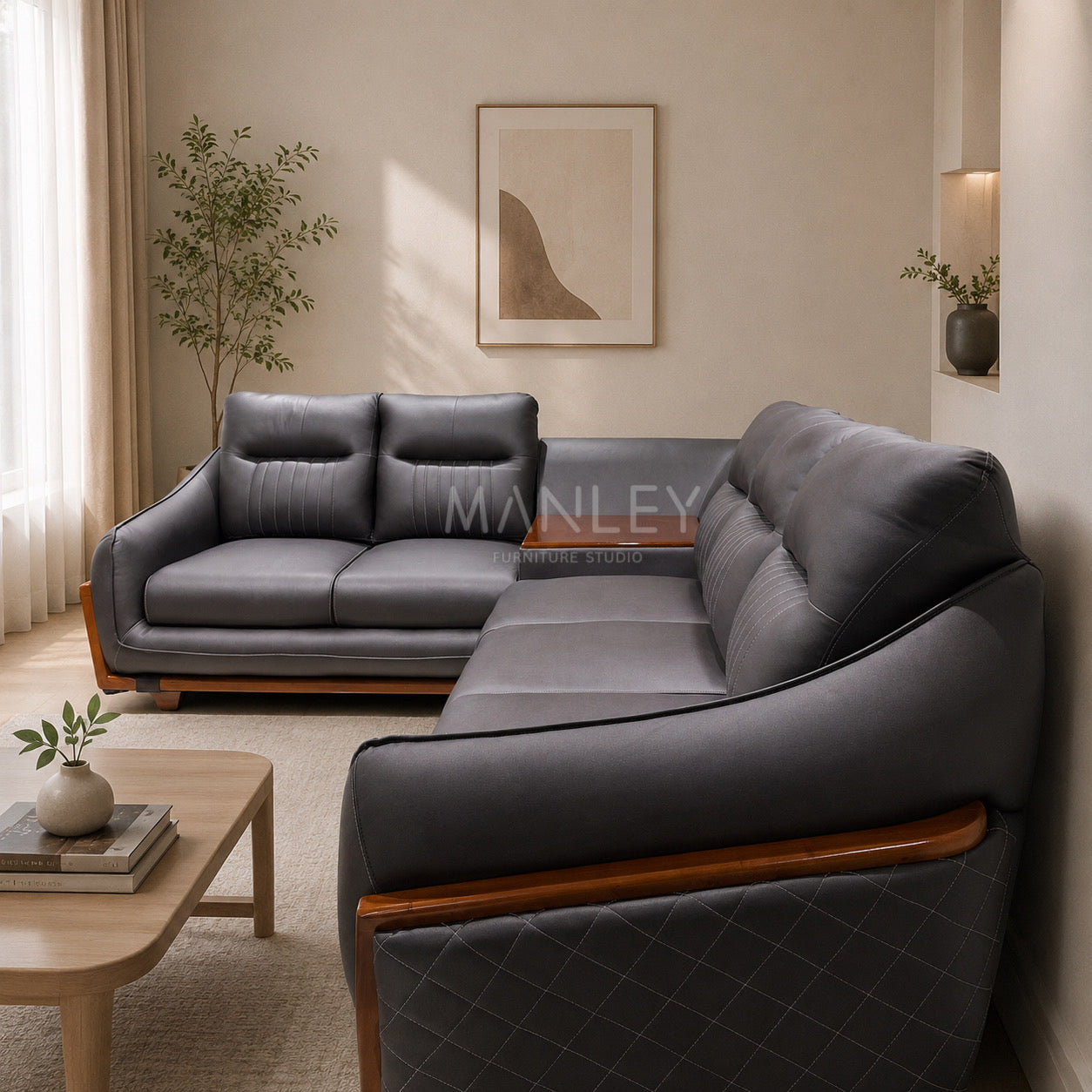 HAVEN CORNER SOFA SET-TREATED MAHAGONY WOOD SUEDE FABRIC-BLACK COLOUR