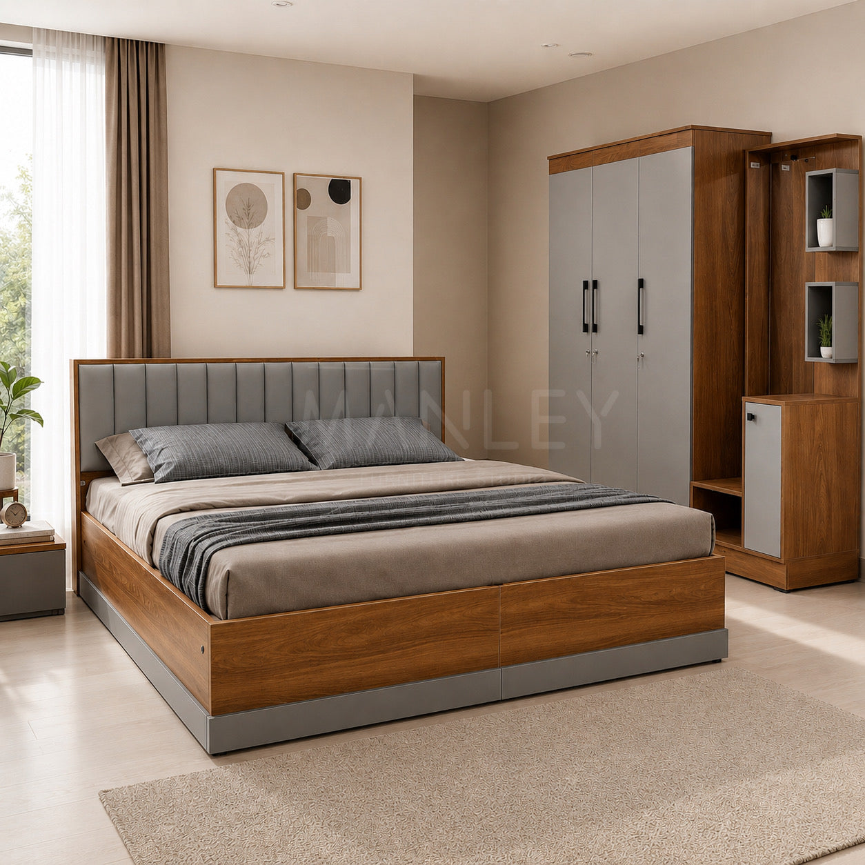 GREY LINE 3-DOOR QUEEN SIZE BEDROOM SET | PARTICLE BOARD | GREY COLOUR