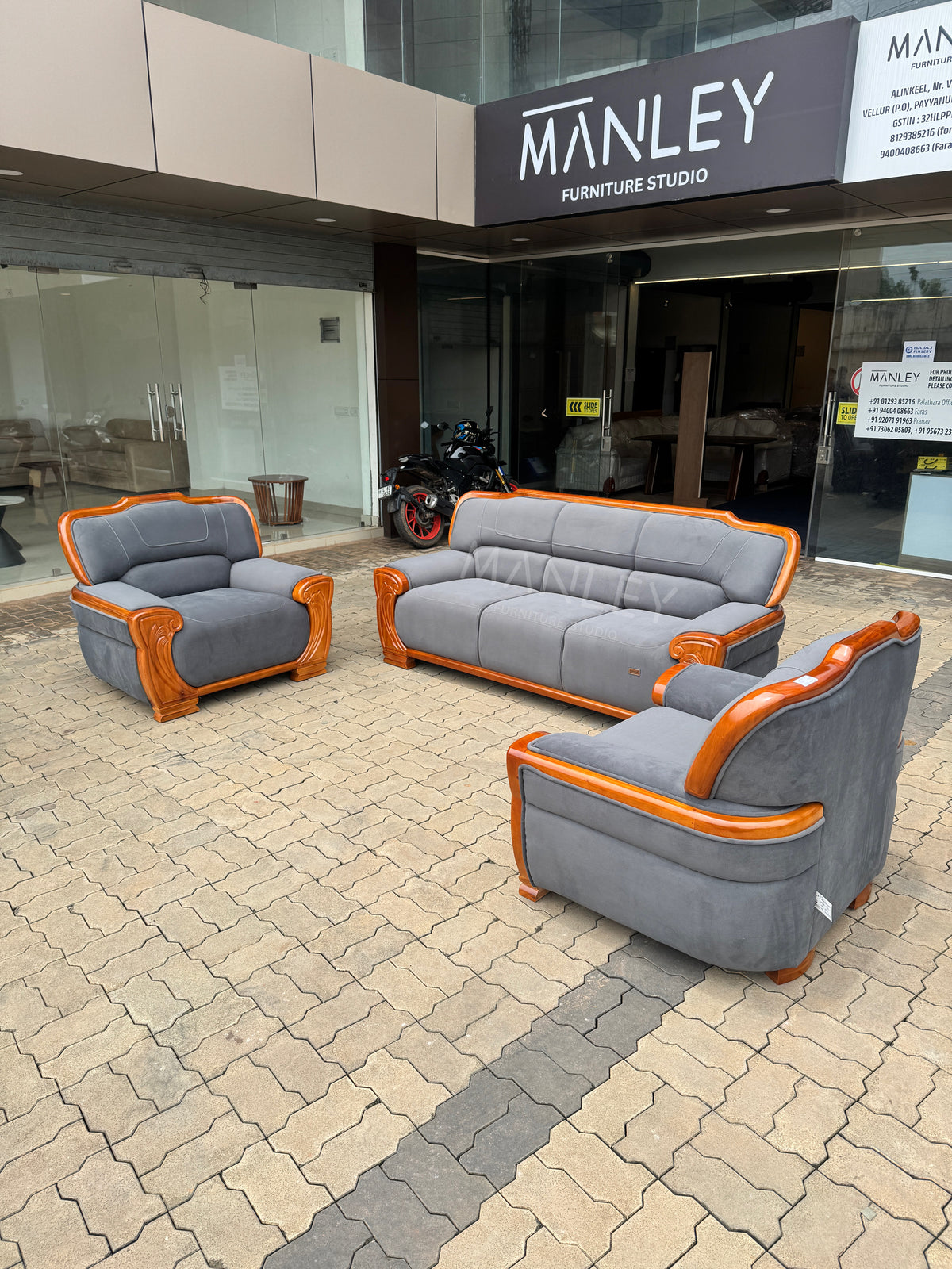 CHAISE 3+1+1 SOFA SET-TREATED MAHAGONY SUED FABRIC-GREY COLOUR
