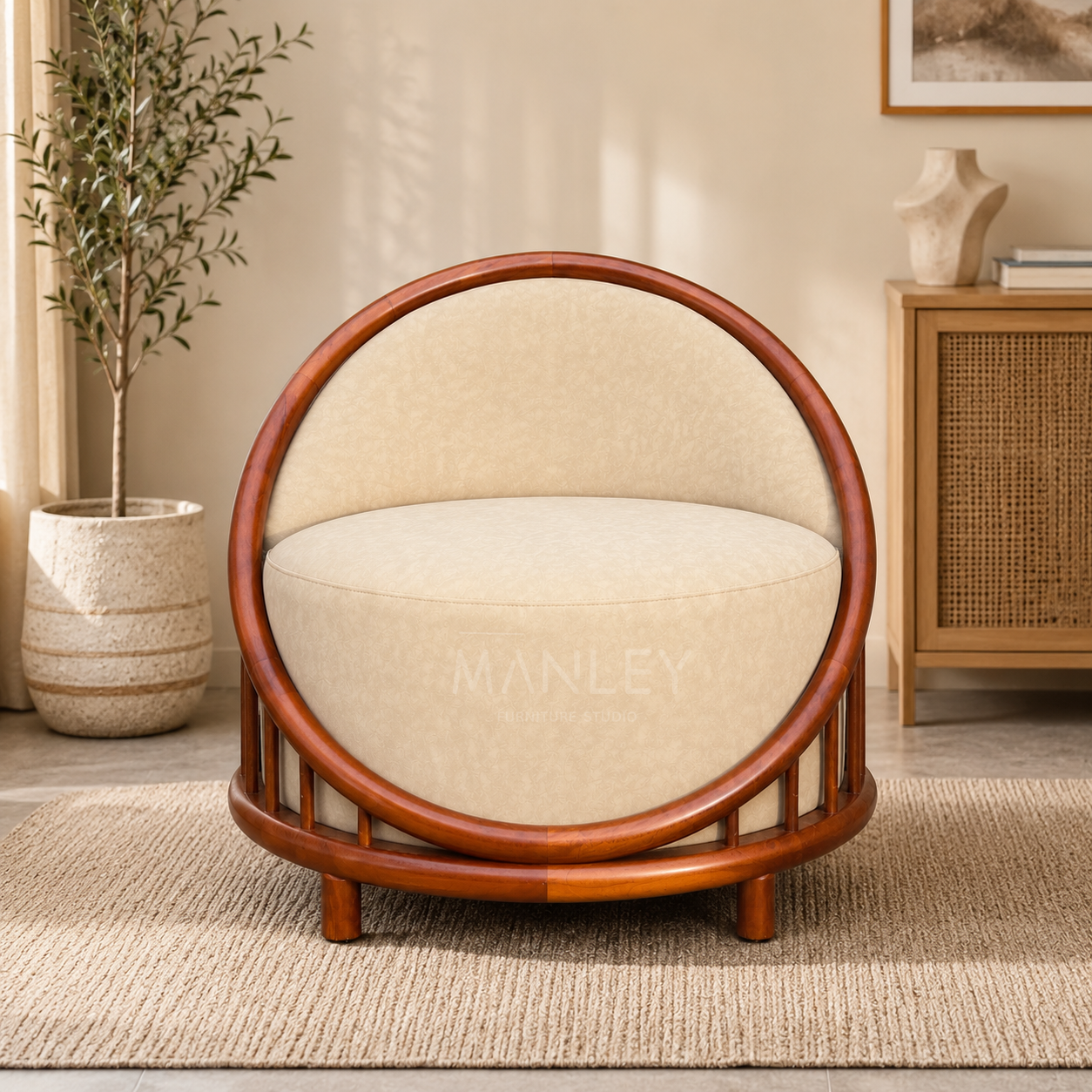 POSH SINGLE SEAT SOFA | MAHOGANY WOOD & SUEDE FABRIC UPHOLSTERY