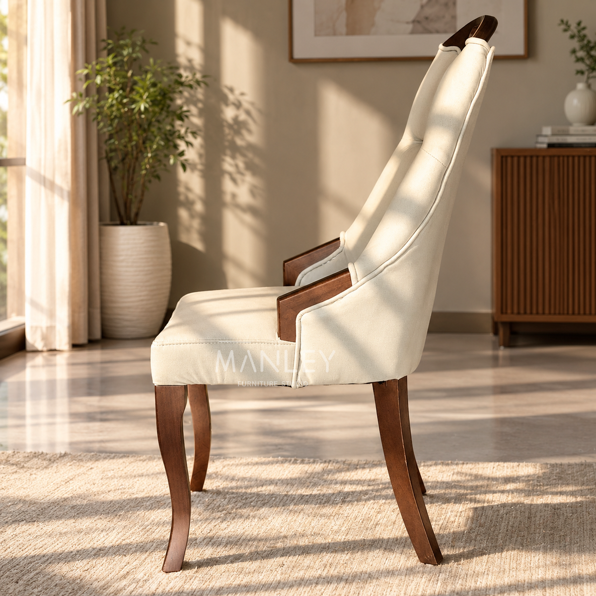 BARREL CHAIR | TREATED MAHOGANY WOOD & SUEDE FABRIC | BEIGE COLOUR